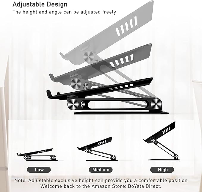 BoYata Laptop Stand, Adjustable Laptop Riser with Slide-Proof Silicone and Protective Hooks, Laptop Stand for Laptop up to 17 Inches, Laptop Holder Compatible for MacBook, Laptop-Black