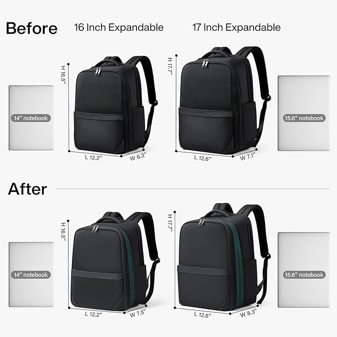 Hanke Expandable Travel Backpack 17 Inch, Full-Open Laptop Backpack Fits 15.6 Inch, Carry On Personal Item Bag with Luggage Strap, Business Work Backpack for Women Men, Black