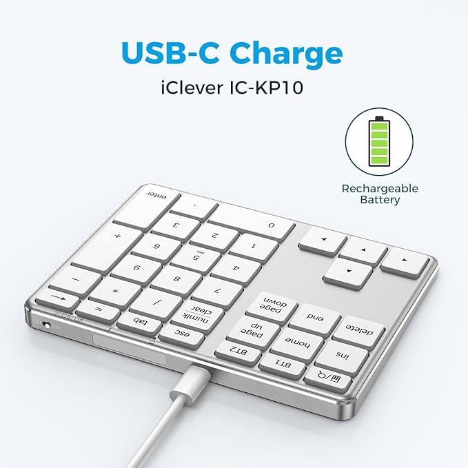iClever KP10 Bluetooth Number Pad, Dual Device Connection, 34 Keys Ultra-Slim for Mac/Windows/iPad, USB-C Rechargeable, Quiet Keys, Excel Accounting Numpad with Long Battery Life