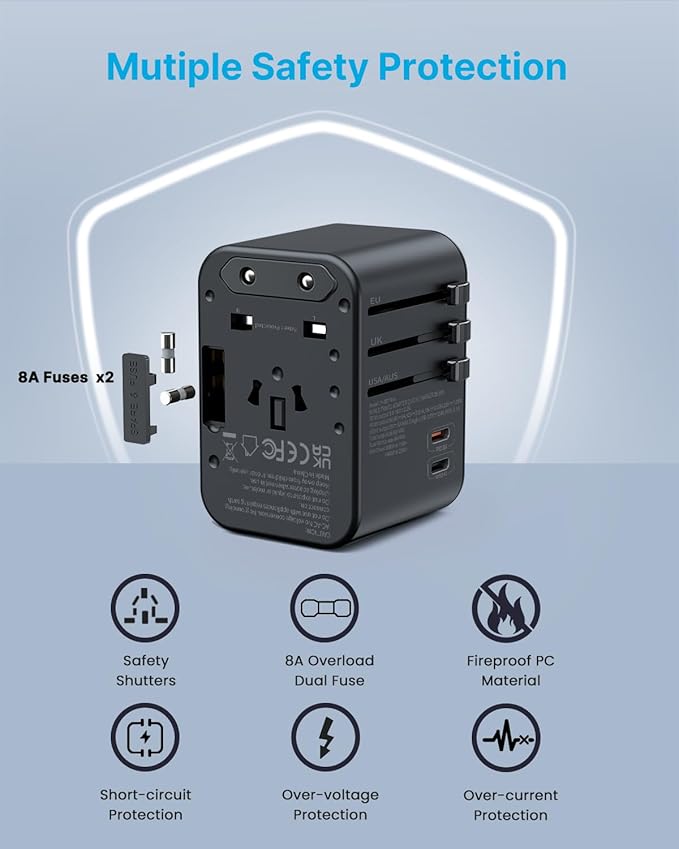 Universal Travel Adapter, VINTAR 35.5W International Power Adapter with 3 USB A QC and 2 USB C PD, All in One Plug Adapter Worldwide Travel Essentials for EU/UK/USA/AUS(Type C/G/A/I), Black