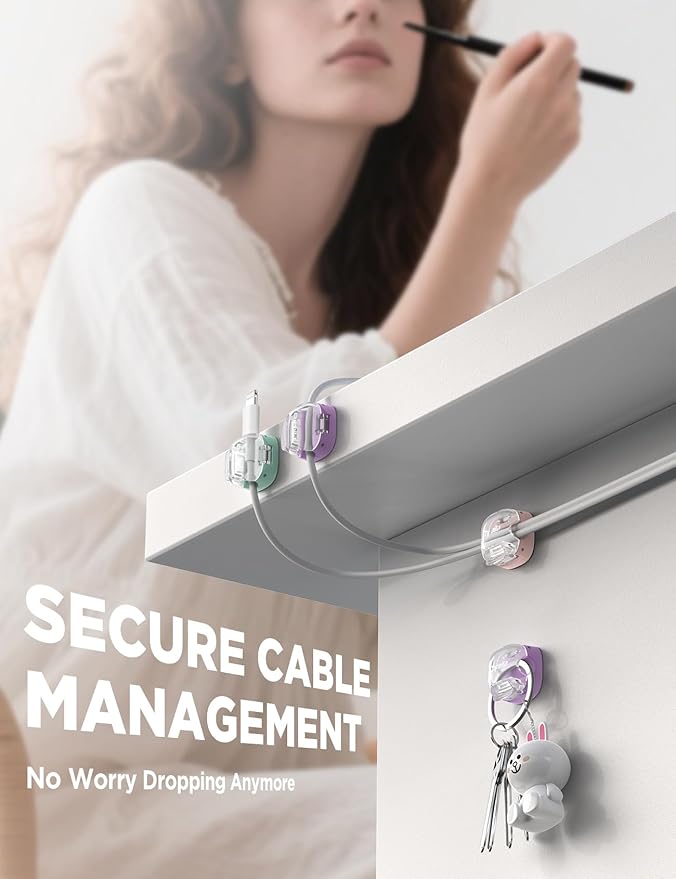 8 Pack Cord Holder Cable Clips,Cord Clips Multicolor [Dual Spring & Clasp Lock],Cute Phone Cord Holder for Nightstand, Chfeila Home Office Organizer Cable Clips for Car Desk Workspace Teen Room Decor