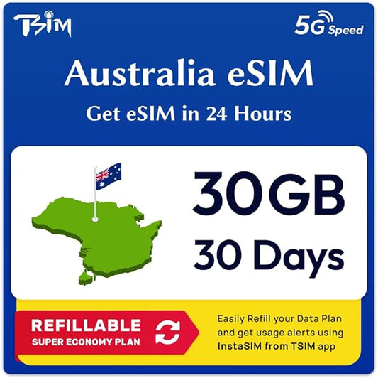 Australia eSIM | 30GB Super Saver Refillable Plan! QR Code Sent via Email in 24Hrs - Scan & Use Immediately | Auto Activating 30 Day Validity | Hotspot Allowed | Data-Only No Phone Number