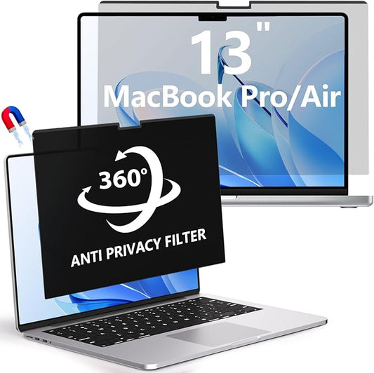 360° Magnetic Privacy Screen Protector for MacBook Air 13 (2018-2021, M1) & MacBook Pro 13 (2016-2022, M1/M2), Removable Anti-Glare 4-Way Privacy Film 13.3 Inch Privacy Filter Privacy Screen