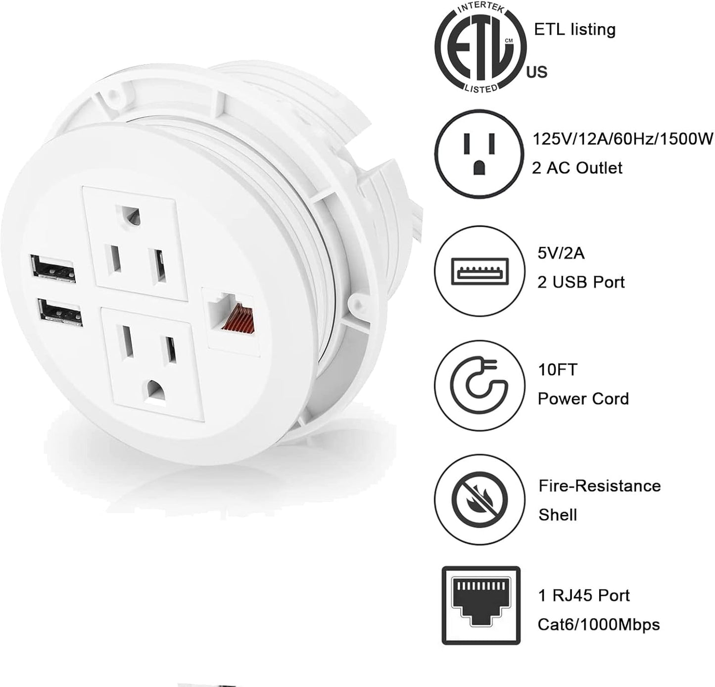 Power Grommet 3 Inch for Desktop, Recessed Desk Outlet with 2USB, 2 AC, 1 Network RJ45 Port & 10Ft Cord, Flush Mount Power Strip Table Power Hub for Countertop, Office, Furniture(White)