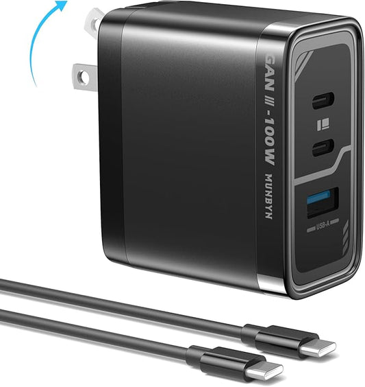 MUNBYN NexGo™ 100W GaN III 3-Port USB C Fast Charger Block with Compact Foldable Design, Fast Charging for MacBook Pro, iPhone 17/16/15Series, iPad, Galaxy S25/S24 and More,(3.3 Ft Cable Included)