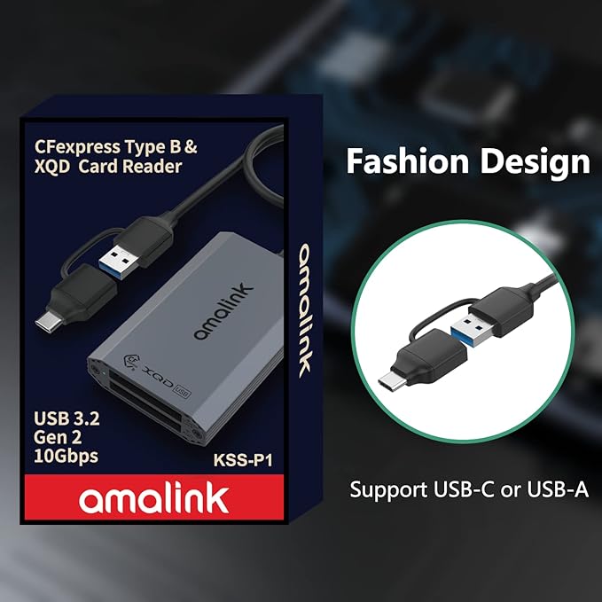 CFexpress Type B and XQD Card Reader,amalink Dual Slot USB 3.2 GEN 2 10G Type B CFexpress Adapter with Dual connectors(USB A&USB C) .Plug and Play Compatible with Android/Windows/Mac OS/iPad