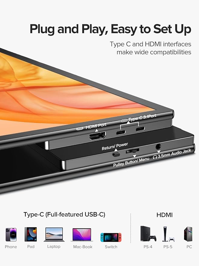 Portable Monitor 21.5 inch 120hz for Laptop, FHD 1080P Portable Gaming Monitor w/VESA Kickstand HDR Speakers USB C Mini HDMI for Phones PC Gaming Devices, Travel Second Screen for Business