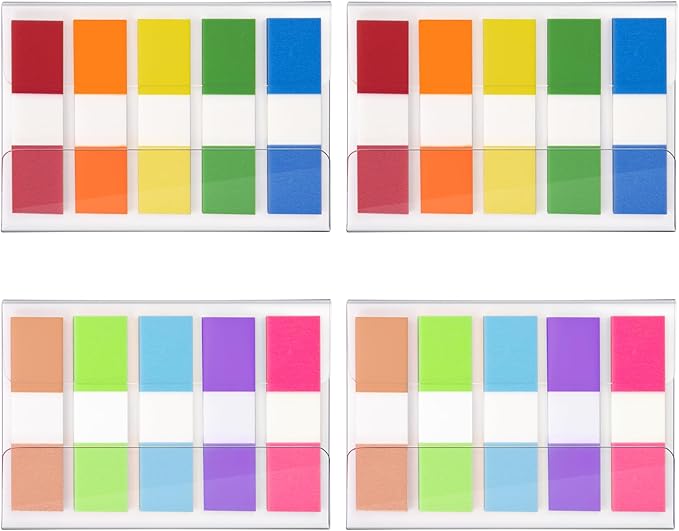 KICNIC Sticky Tabs 500 Pcs (1.77 * 0.47 in),Fluorescent Pop Up Book Tabs, Adhesive Index Tabs for Annotating Books, Page Marker Flags, Reusable for School, Binder, Office, 4 Dispensers (10 Colors)