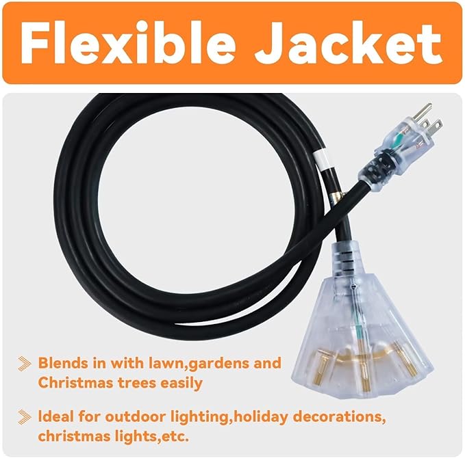 EP 50 Ft Lighted Outdoor Extension Cord with 3 Electrical Power Outlets - 12/3 SJTW Heavy Duty Black Extension Cable with 3 Prong Grounded Plug for Safety, UL Listed