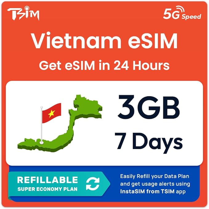 Vietnam eSIM | 7 Days 3GB | Auto Activation | QR Code Sent via Email in 24Hrs - Scan & Use Immediately | Hotspot Allowed | No Phone Number | Refillable Plan via Insta Sim App