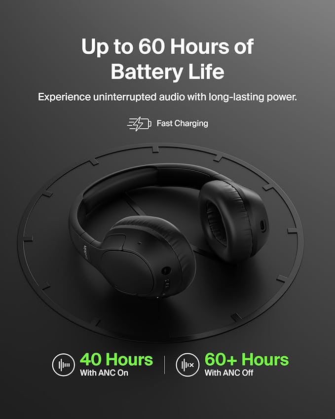 Belkin SoundForm Isolate Bluetooth Over-Ear Headphones - Hybrid Active Noise Cancelling Headphones - Wireless w/ 60H Playtime, Fast Charging & CloudCushion Ear Cups for Travel, Home, or Office - Black
