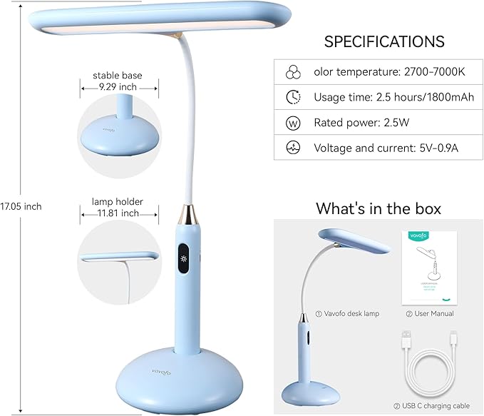 VAVOFO Wireless LED Desk Lamp 6778B - Touch Control, 2700-7000K Adjustable Color Temperature, 700 Lumens, 360° Gooseneck, USB-C Charging, 2.5 Hours Wireless Use, Eye-Caring Light (Blue)