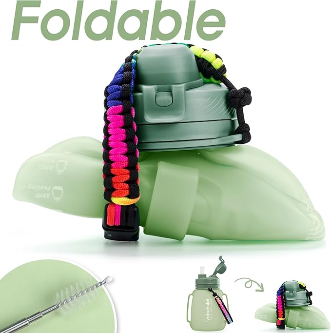 TakeToday 40 OZ Motivational Water Bottle with Straw and Paracord Handle 1.2L Silicone Sports Water Bottle with Time Marker(Green)