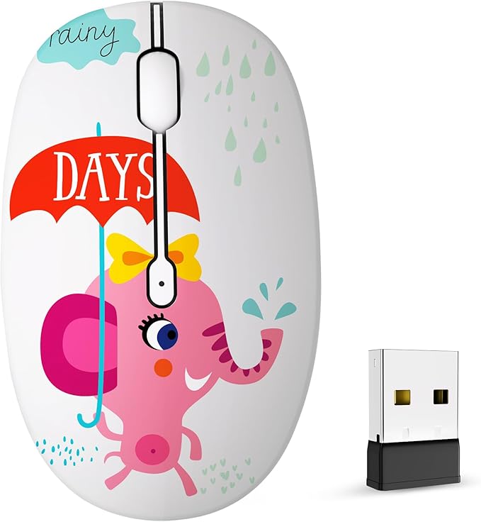 Cute Wireless Mouse Dual Mode with 2.4GHz USB Receiver and Bluetooth Connection for Laptop, iPad, Mac, AA Battery Silent Cartoon Cordless Mice for Kids and Students (Pink Elephant)
