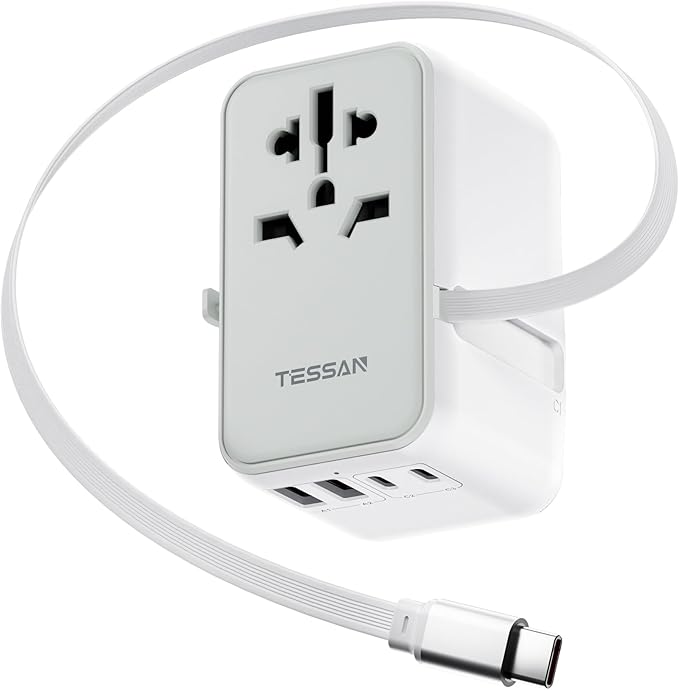 TESSAN Universal Travel Adapter PD 35W GaN, International Power Adapter Built in 1 Retractable USB C Cable, 6 in 1 Travel Adaptor Worldwide with 4 USB Ports for US to Europe UK AUS (Type C G A I)