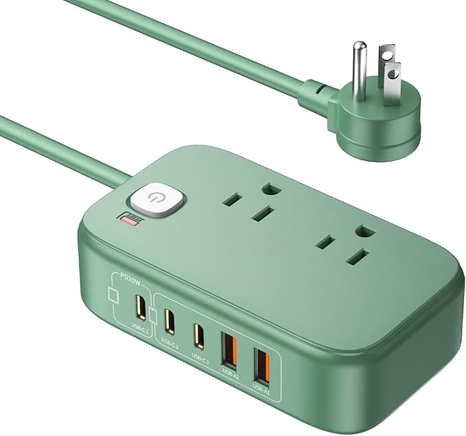 Power Strip with USB C Ports,30W USB C Charging Station,Surge Protection 1200J, 5FT Flat Extension Cord USB Charger Hub for Multiple Devices (Pearl Green, 30w)