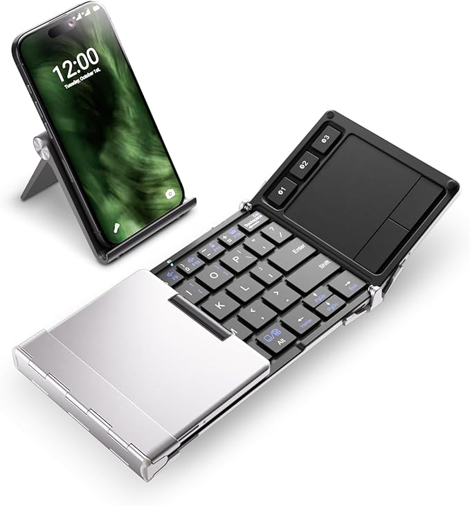 iClever Foldable Keyboard, BK08 Foldable Bluetooth Keyboard with Touchpad, Aluminum Build, USB-C Charge, Equipped with Stand Holder and Carrying Bag, Portable for Laptop, iPad, iPhone, Silver