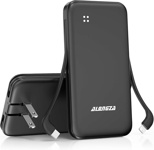 Alongza Portable Charger Built-in Cables and AC Wall Plug, Slim Fast Charging Power Bank 10000mAh, Lightweight USB C External Battery Pack Compact Travel Cell Phone Charger