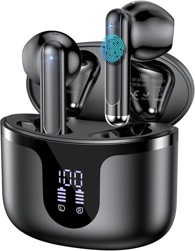 Wireless Earbuds, 2025 Bluetooth 5.3 Headphones HiFi Stereo 50H Playback Ear Buds with Led Digital Display, ENC Noise Cancelling Earbuds for Laptop Computer, iOS, Android, Black