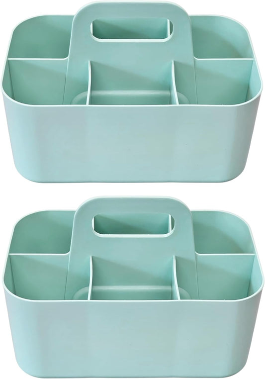 2 Pack Small 6 Compartment Multiuse Caddy Organizer with Handle Art Craft Supplies, Office, Desk, Stationery Pen Holder Stackable- Made In USA (Mint)