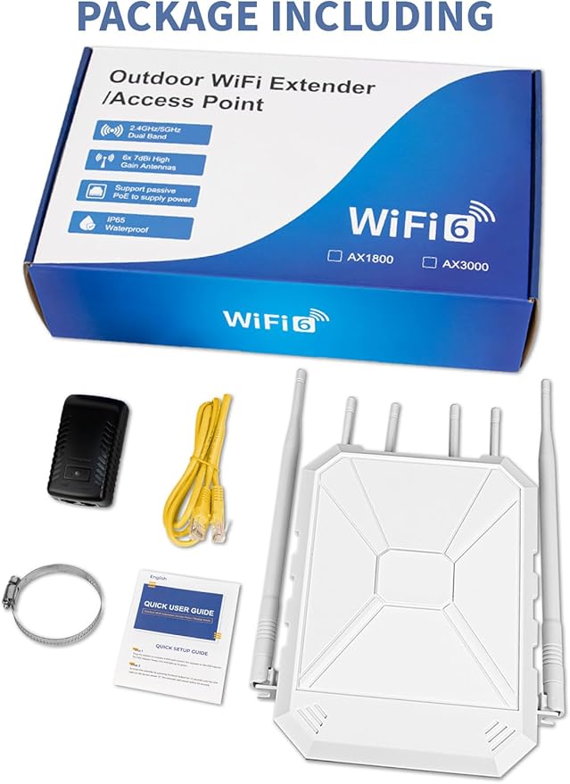 Outdoor WiFi Extender AX1800, Outdoor High Power Long Range WiFi Booster with 6 Antennas, Dual Band Outdoor Access Point Gigabit Port, WiFi Extenders Booster for Backyard, Garage, Farm, Pool