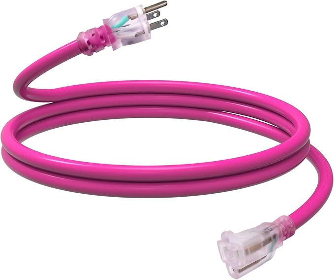 EP 6 Ft Outdoor Extension Cord with Lighted End, 12/3 Gauge SJTW Heavy Duty Extension Cable with 3 Prong Grounded Plug, 15AMP 1875W 12AWG, Pink, UL Listed