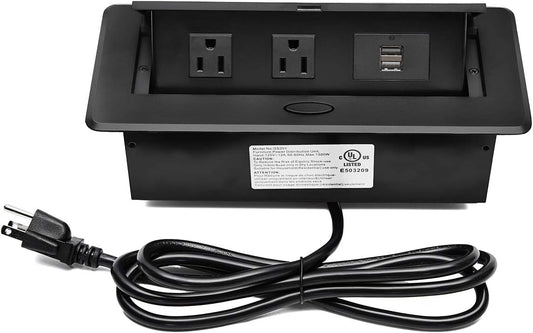 UL Listed Power Strip, Kungfuking Pop Up Power Cover Box Desktop Socket with Dual USB Charging Ports, Stainless Steel Receptacle Outlet for Conference Room Countertop (Black)