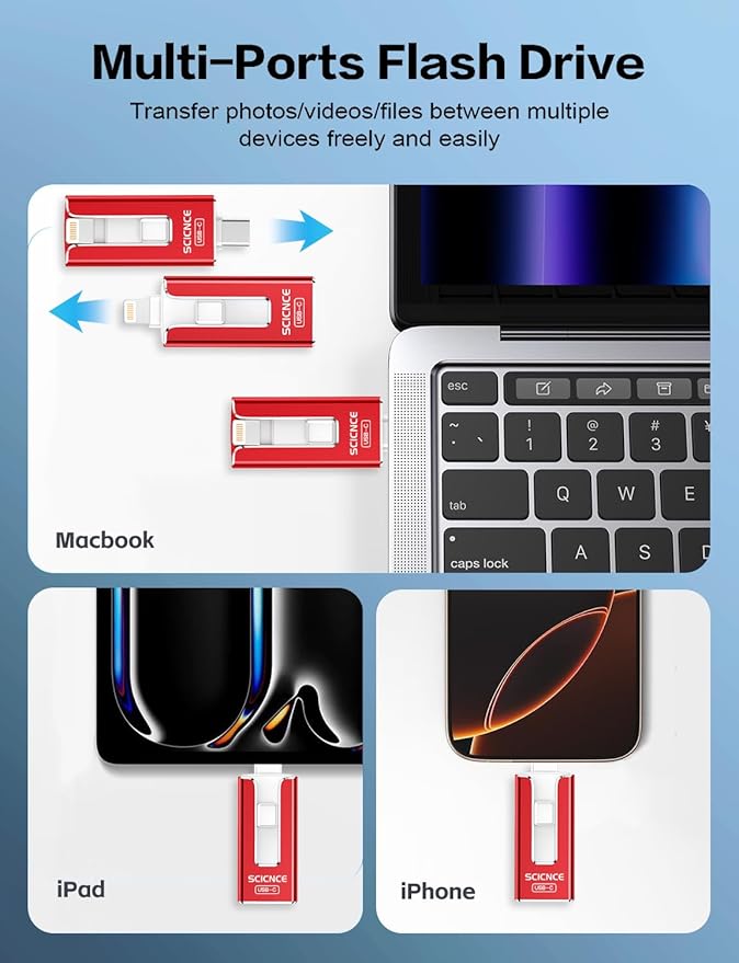 SCICNCE 256GB Flash Drive Intended for iPhone, USB Memory Stick Storage Backup for Photos Videos, Plug and Play No APP Required, Compatible with iPhone iPad Android and Computers (Red)