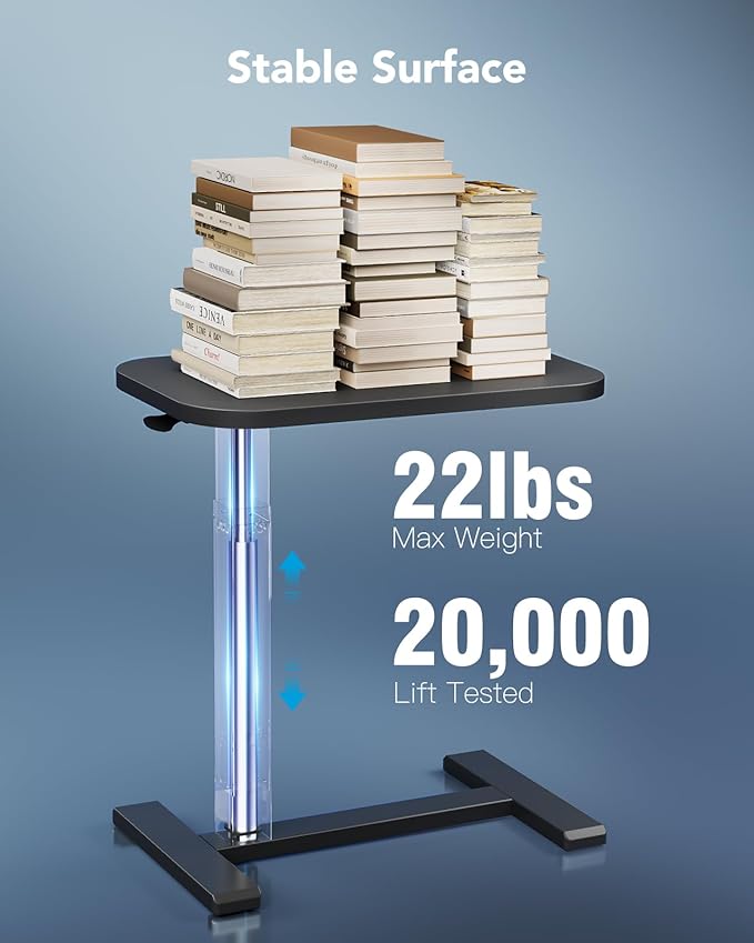 HUANUO Bedside Table with Wheels, Height-Adjustable Rolling Computer Cart, Overbed Table with Cup Holder, Pneumatic Laptop Standing Desk for Home Office, Black (31.5" x 17.7")