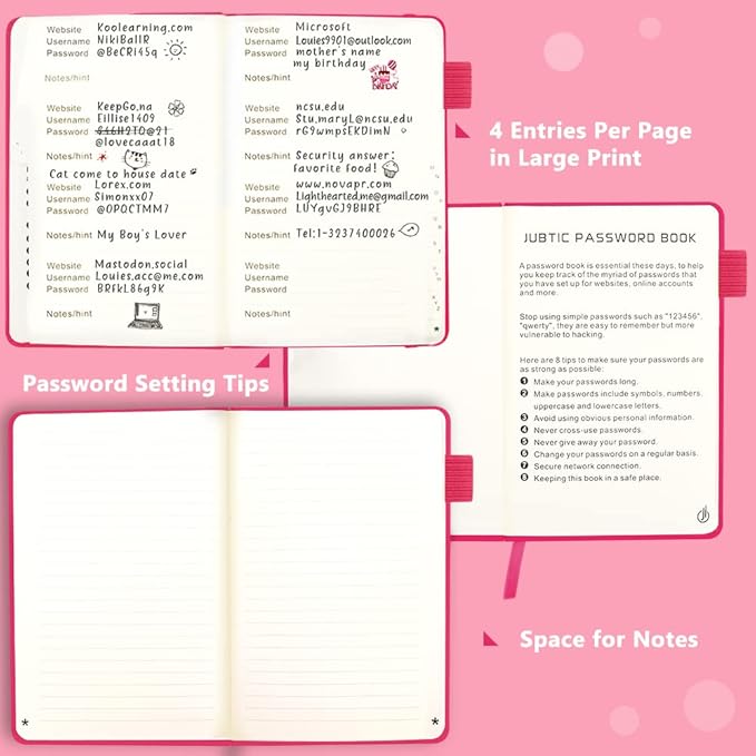 JUBTIC Password Book with Alphabetical Tabs. Medium Size Password Keeper Logbook for Internet Log in, Website Address. Hardcover Password Journal Notebook & Organizer for Home Office, Hot Pink