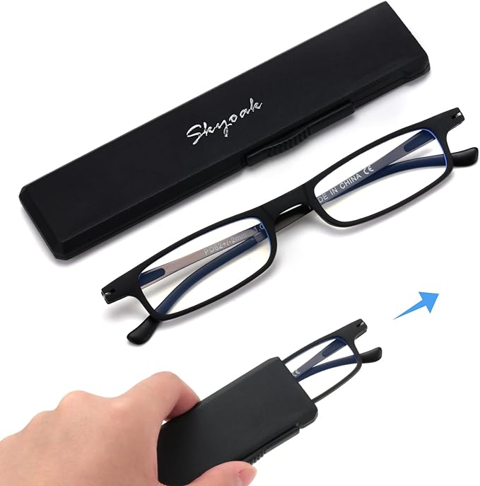 Ultra thin Lightweight Folding Reading Glasses Women Men TR90 Blue Light Blocking Anti UV/Eyestrain Foldable Compact Computer Readers Portable Unique Stretchable Slim Flat case Black +3.0