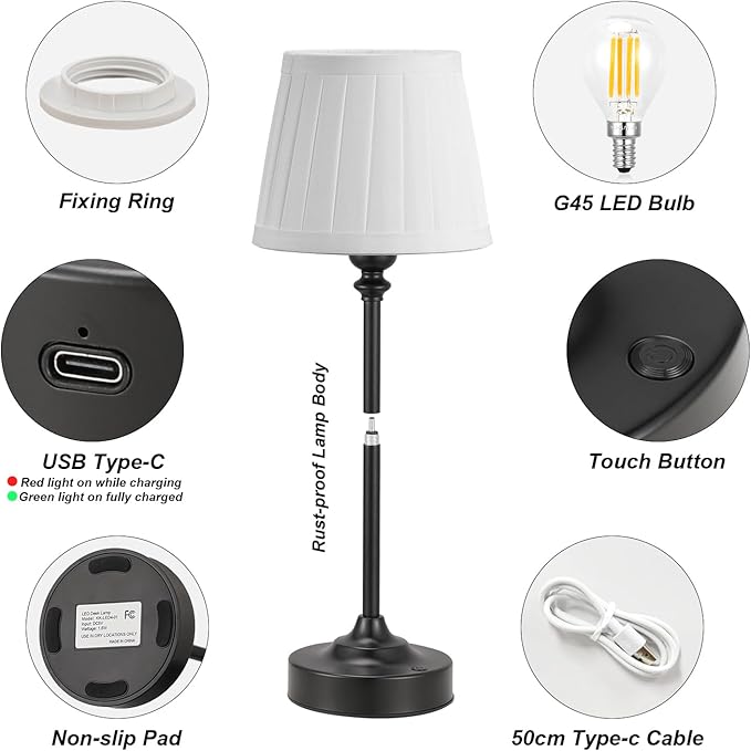 Cordless Table Lamps Rechargeable Set - 2 Pack Black 4000mAH Battery Operated Lamps for Decor, 3000K Stepless Dimming Touch Control Wireless Lamps for Bedroom, Dining Table, Living Room, White Shade