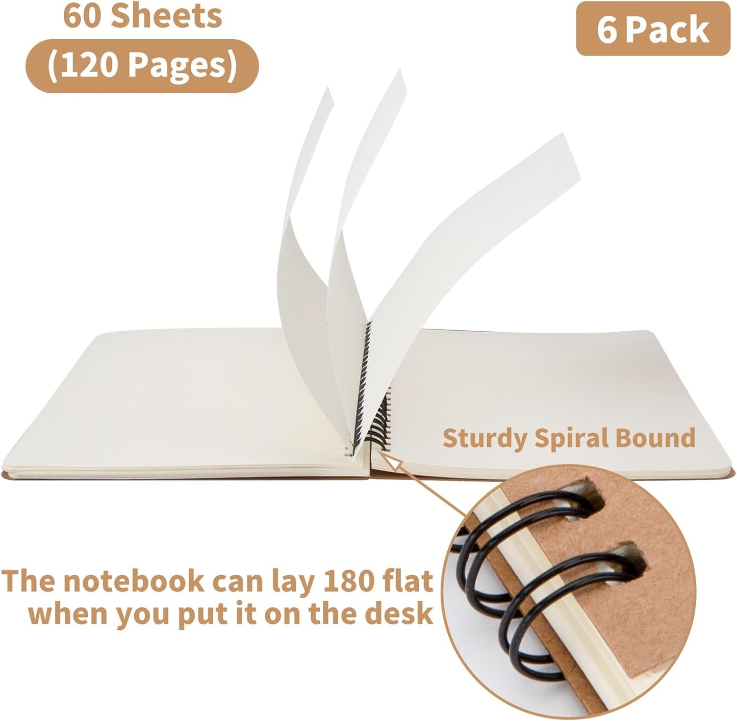 6 Pack Unlined Spiral Notebook for Work - A5 Blank Journals Note Books Bulk for School - Soft Cover Sketchbooks for Drawing Writing, Office Supplies, 60 Sheets/120 Pages,8.2" X 5.8"
