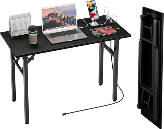TEMI Small Computer Desk Folding Table - No Assembly, Compact 44.3" Foldable Desk with Power Outlets & USB Charging Port, Portable Small Office Desk, Ideal Mini Study Table, Dark Oak