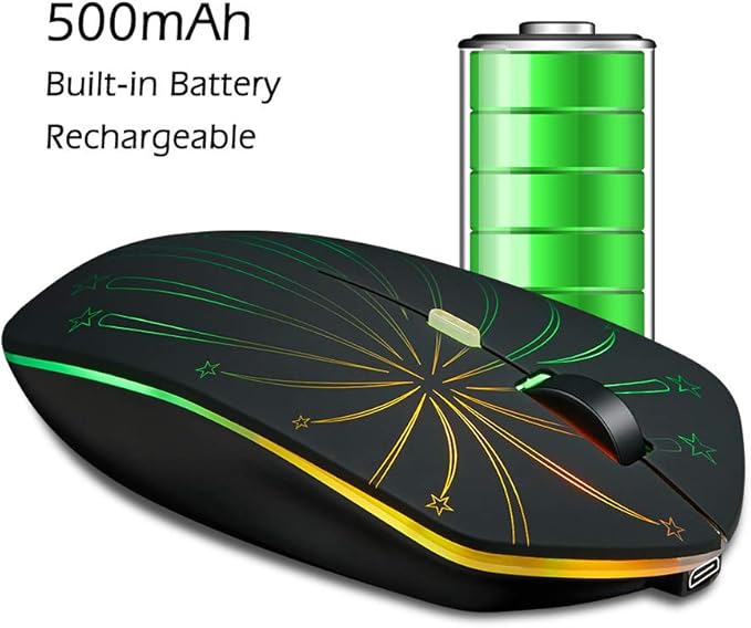 Rechargeable Wireless Mouse, Backlit Powered by Li-Polymer Battery, Optical Sensor, Nano USB Receiver,3 Stages DPI Speed, 4 Buttons for PC, Laptop, Tablet, MacBook etc. (Solo Firework)