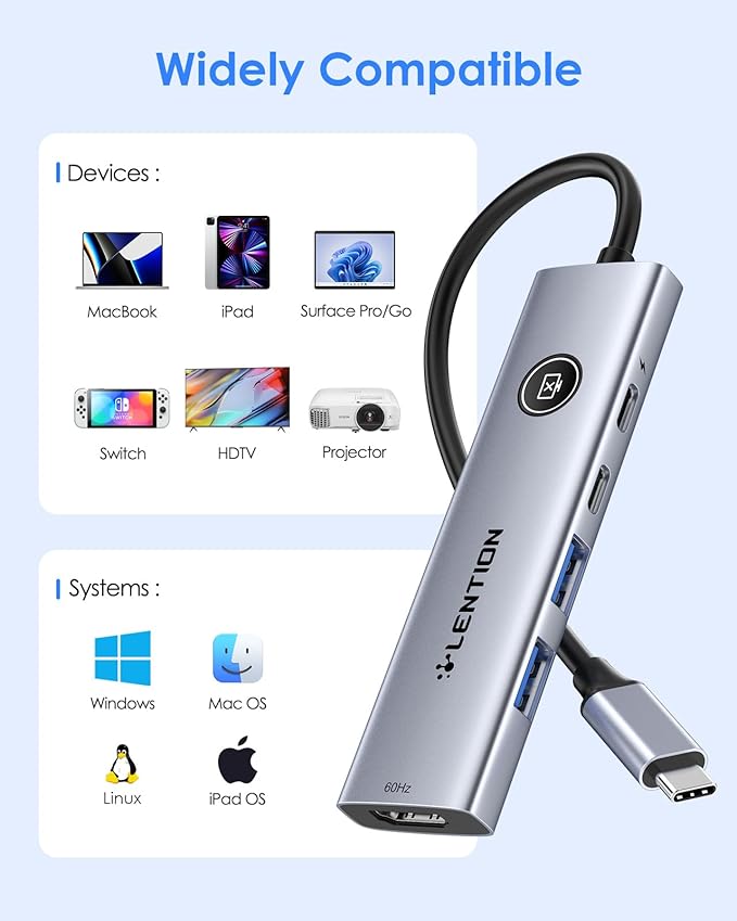 LENTION USB C Multiport Adapter, 5-in-1 USB C Hub with HDMI 4K@60Hz, USB A 3.0, Type C 3.0, 100W PD Charging, Multiport USB Adapter with Screen On/Off Button New MacBook Pro and Other Type C Devices
