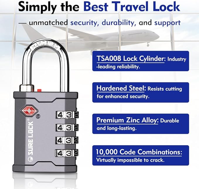 SURE LOCK TSA Accepted 4 Dig Heavy Duty Big Combination Luggage Padlock All Metal Travel Lock for Equipment Hard Case Luggage Gun Case Gym Locker Pelican Vault Lock (2, Grey)