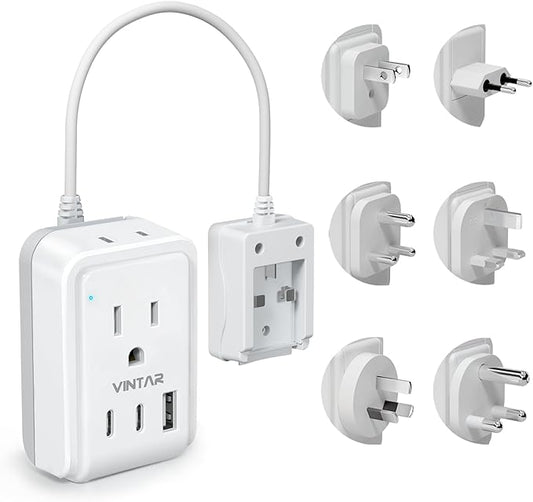 VINTAR Universal Travel Adapter Kit, 0.5ft Detachable Extension Cord with 2 AC Outlets & 3 USB(2 USB C), Type A/C/G/D/I/M International Power Adaptor for US to Europe UK India South Africa Japan