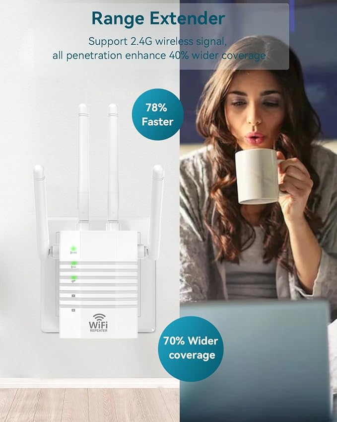 1200Mbps Dual - Band WiFi Extender Signal Booster, WiFi Extender with 4 Antennas, WiFi Booster Covers Up to 12880 Sq.ft & 105 Devices, WiFi Repeater with Wall - Plug Signal Booster for Home