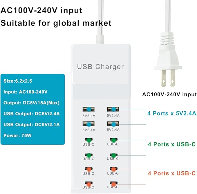 USB Charger, 12-Port USB Charging Station (4 USB-A Ports and 8 USB-C Ports) Multiple USB Charger Station Compatible with iPhone 15/14/13/13pro max 12/12/12 Mini/12Pro/12Pro, Tablet PC, Smartphone