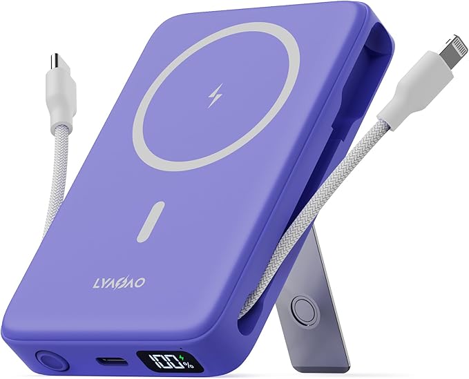 2025 Magnetic Battery Pack 16800mAh Mobile Power Bank, Portable Charger with Foldable Stand and Built-in Cable, 20W USB-C Fast Charging, Suitable for iPhone 17/16/15/14/13/12 Series