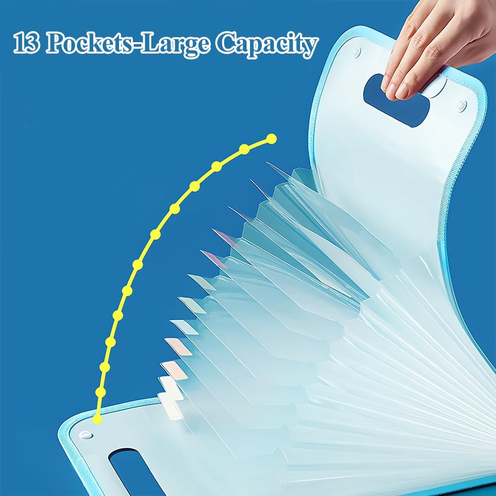 M&G Expanding File Folder 13 Pockets Accordion File Organizer with Labels, Portable Document Receipt Organizer Hold A4 Letter Size Paper, Waterproof Folder for Schoolbag Office Supplies (Blue)