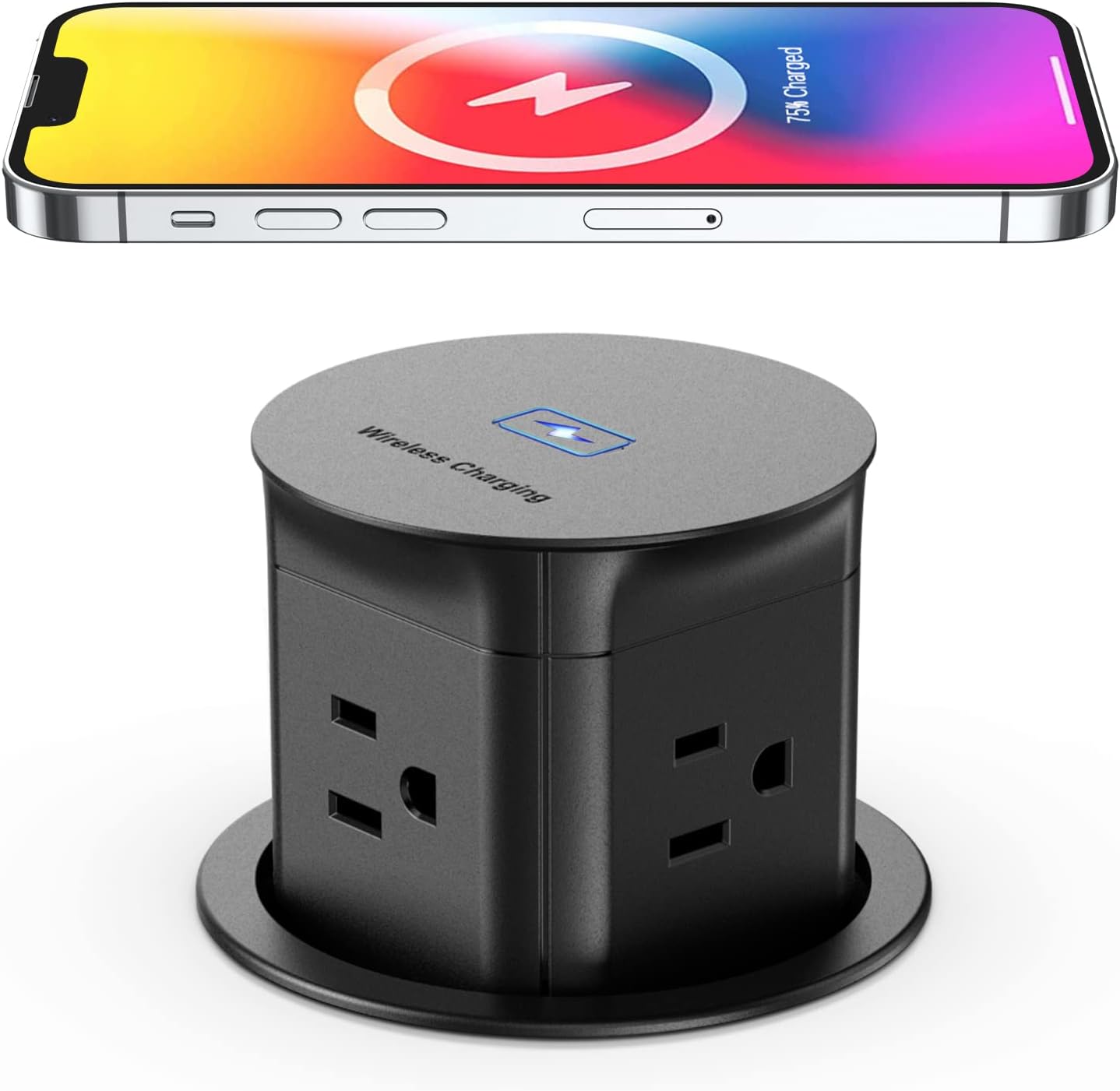 Jgstkcity Pop Up Outlet with 15W Wireless Charger,4 Outlets 15A, Splash Resistant,3 inch Desk Hole Power Grommet,Space Saver Outlet for Kitchen Countertop,Office Conference Table,ETL Listed (Black)