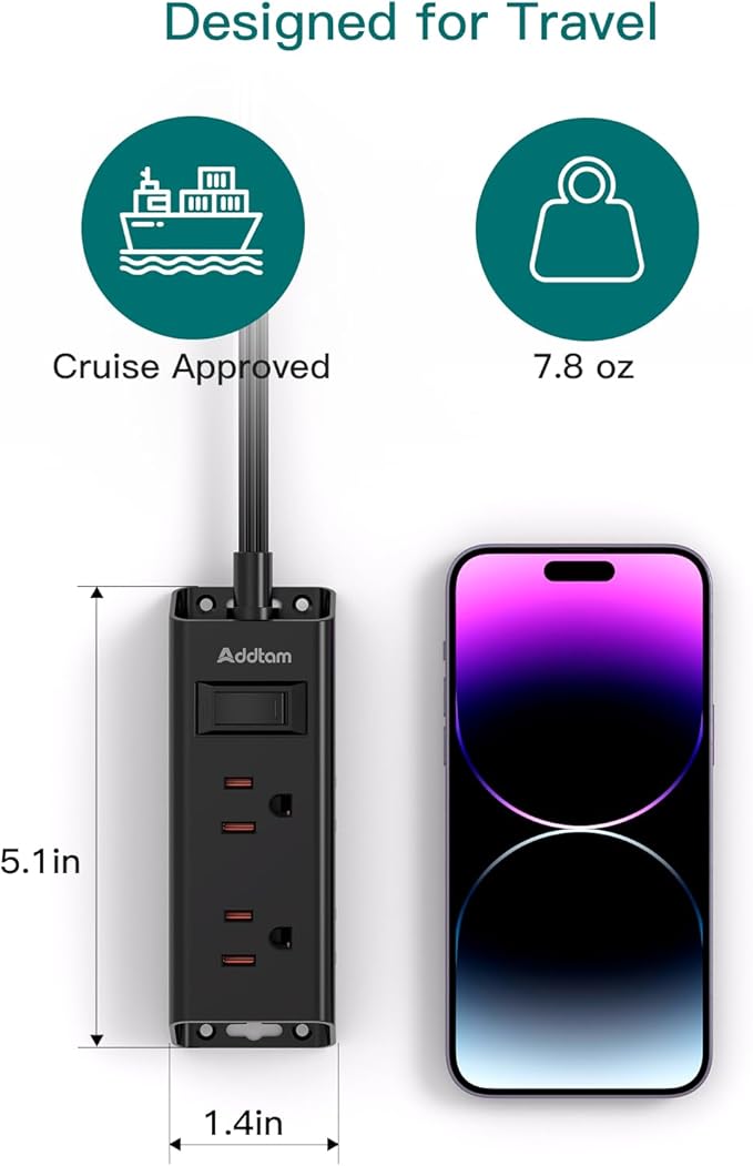 Cruise Ship Essentials, Flat Plug Power Strip, Addtam 1 ft Ultra Flat Extension Cord with 6 Outlets Extender, No Surge Protector for Cruise Ship, Travel, Dorm, Home Office, Black