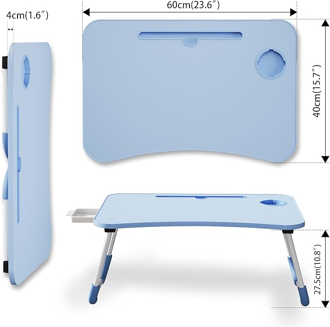 Lap Desk Bed Trays for Eating and Laptops Breakfast in Bed Tray for Sofa/Couch/Study/Reading/Writing with Cup Holder/Drawer On Low Sitting Floor Large Portable Foldable (Blue)
