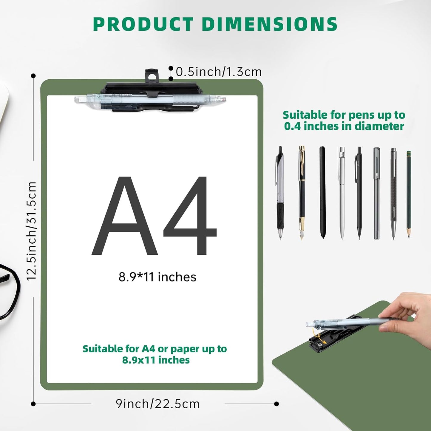 Clipboard with Pen Holder, Plastic Clipboard with Low Profile Metal Clip, Hanging Clip Boards Holds 8.5x11 Inch Papers, Standard A4 Letter Size Clip Boards for Offices & School, Green