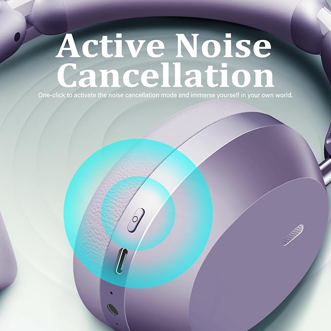 Wentronic Y04 Bluetooth Headphones Active Noise Cancelling Wireless Over Ear Headsets 48 Hours Playtime High Sound Quality Foldable Earphones with Soft Ear Cushion for Travel - Purple