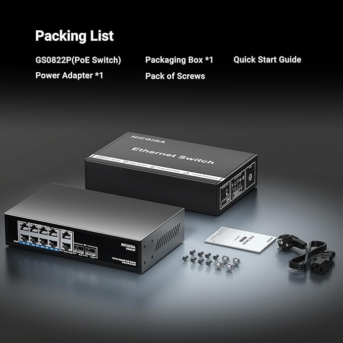 12 Port Gigabit PoE Switch Unmanaged with 8 Port IEEE802.3af/at PoE+@120W, 2 x 1000Mbps Uplink + 2 x 1G SFP, NICGIGA 8 Port Network Power Over Ethernet Switch, Desktop/Wall-Mount.