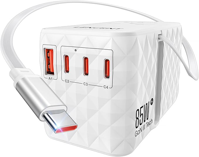 LENCENT 85W Universal Travel Power Adapter with Retractable USB C Cable, GaN International Travel Adapter with 1 USB-A & 3 Type C Fast Charging, Worldwide Plug Adaptor for US to EU UK Type C/G/A/I