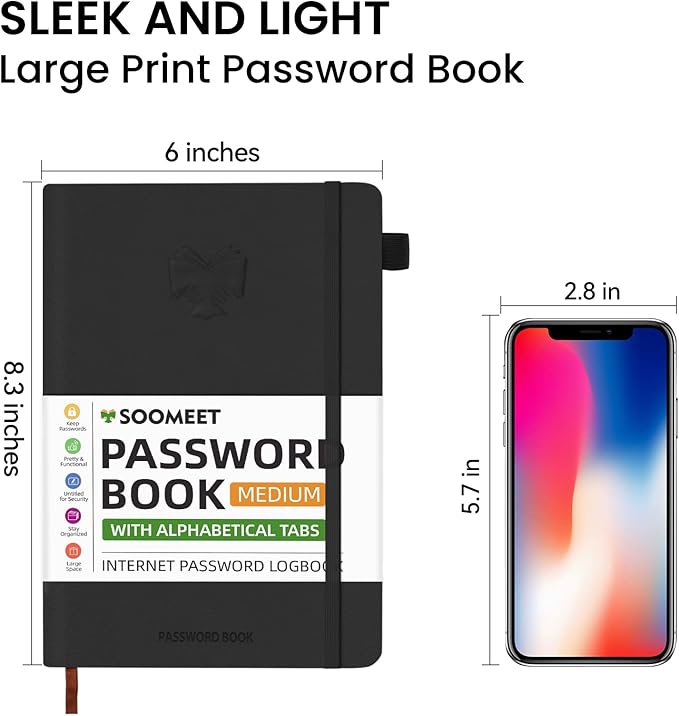 Password Book with Alphabetical Tabs, Hardcover Password Keeper, A5 Size 8.3"x6" Password Notebook for Saving Internet Login, Username, Password Organizer for Computer & Website Logins(Black)
